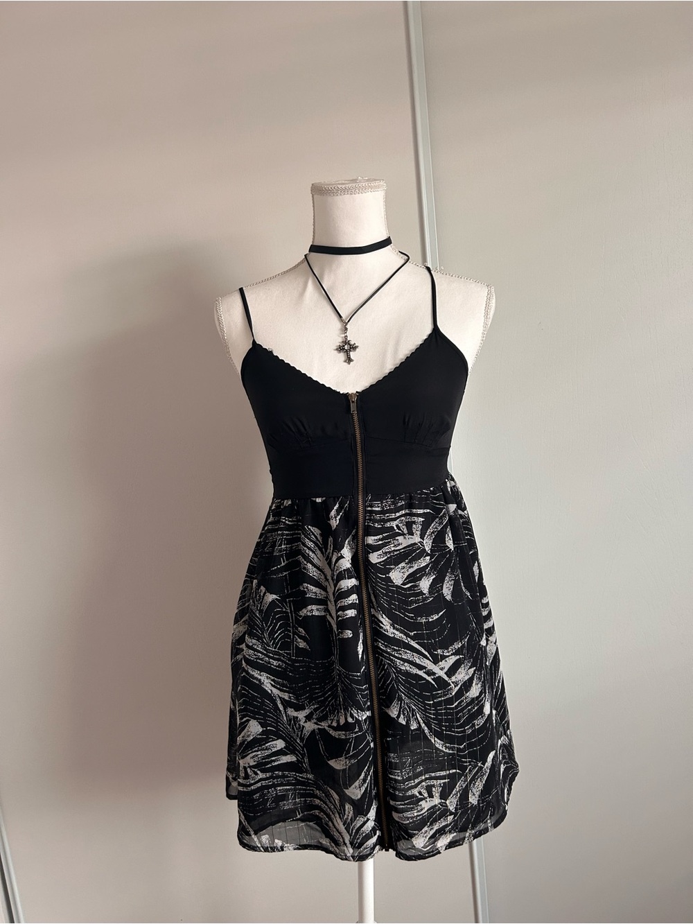 REVOLVE Black Spaghetti-Strap Mini Dress with White Botanical Print